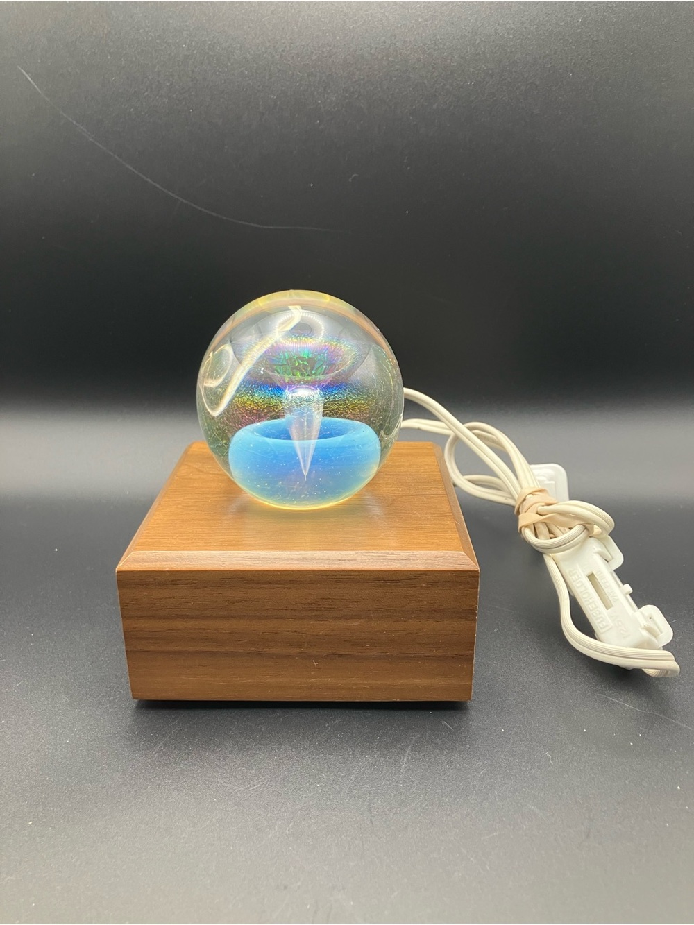 Robert Eickholt Dichroic Veil Vortex Paperweight 1987 and Light Base